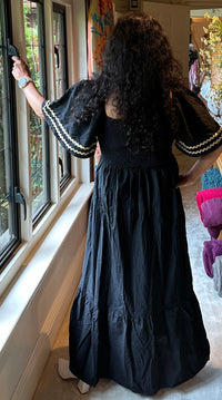 Shired Maxi Milkmaid Cotton Dress with Bell Sleeves in Black