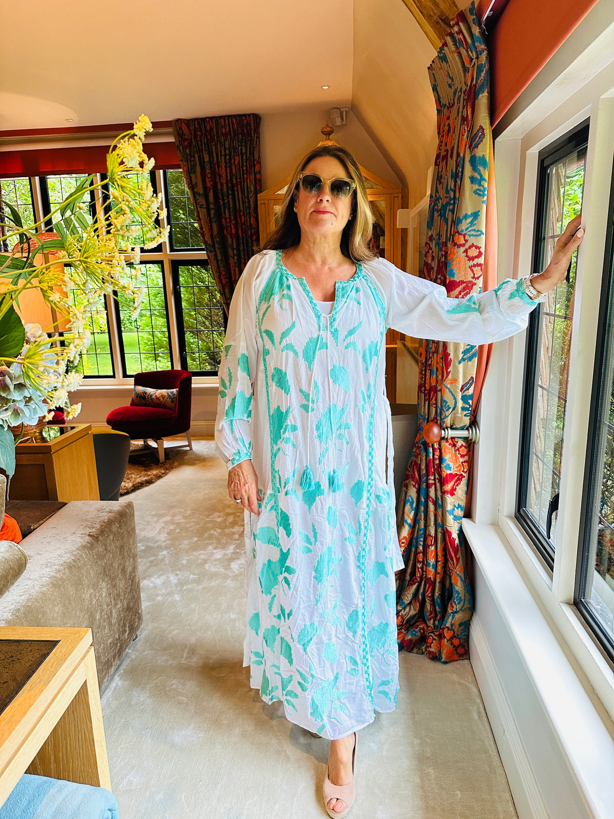 Alex Max long Kaftan Dress - Turqouise Leaf Print