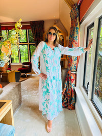 Alex Max long Kaftan Dress - Turqouise Leaf Print