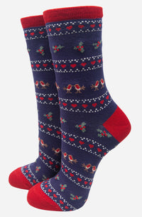 Women's Socks - Navy Blue - Robin Wreath Gift Box