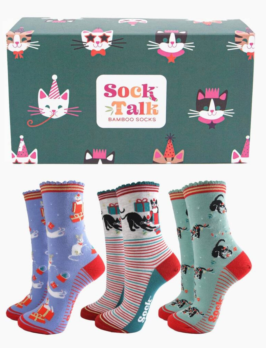 Women's Bamboo Socks Gift Box Green/Blue - Festive Cats