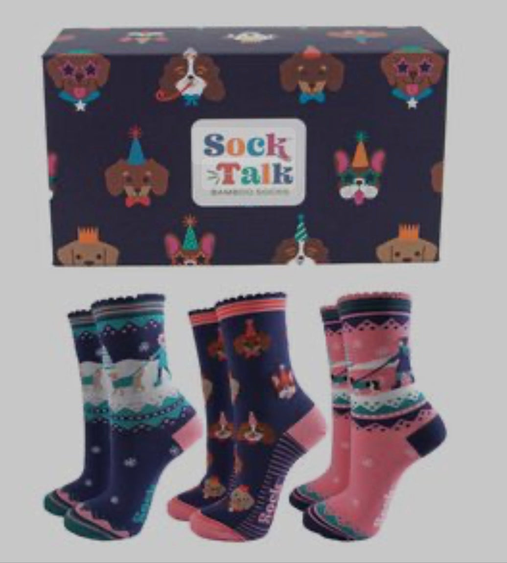 Women's  Bamboo Socks Gift Box - Navy Blue/Pink - Winter Dogs