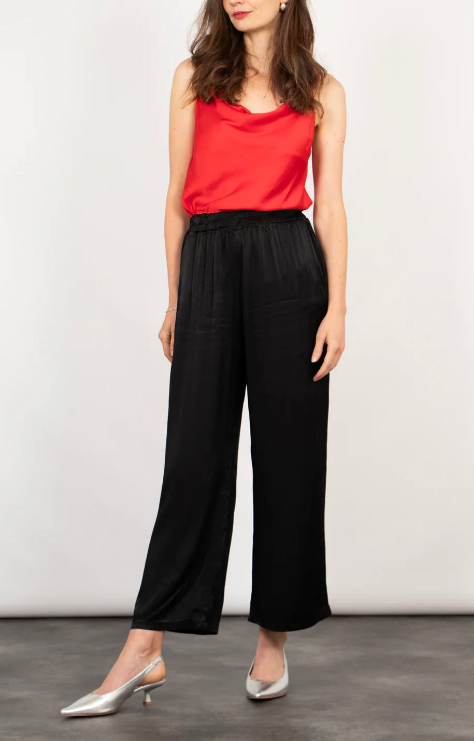 Silk Textured Wide Leg Trousers with Elasticated Waist - Black