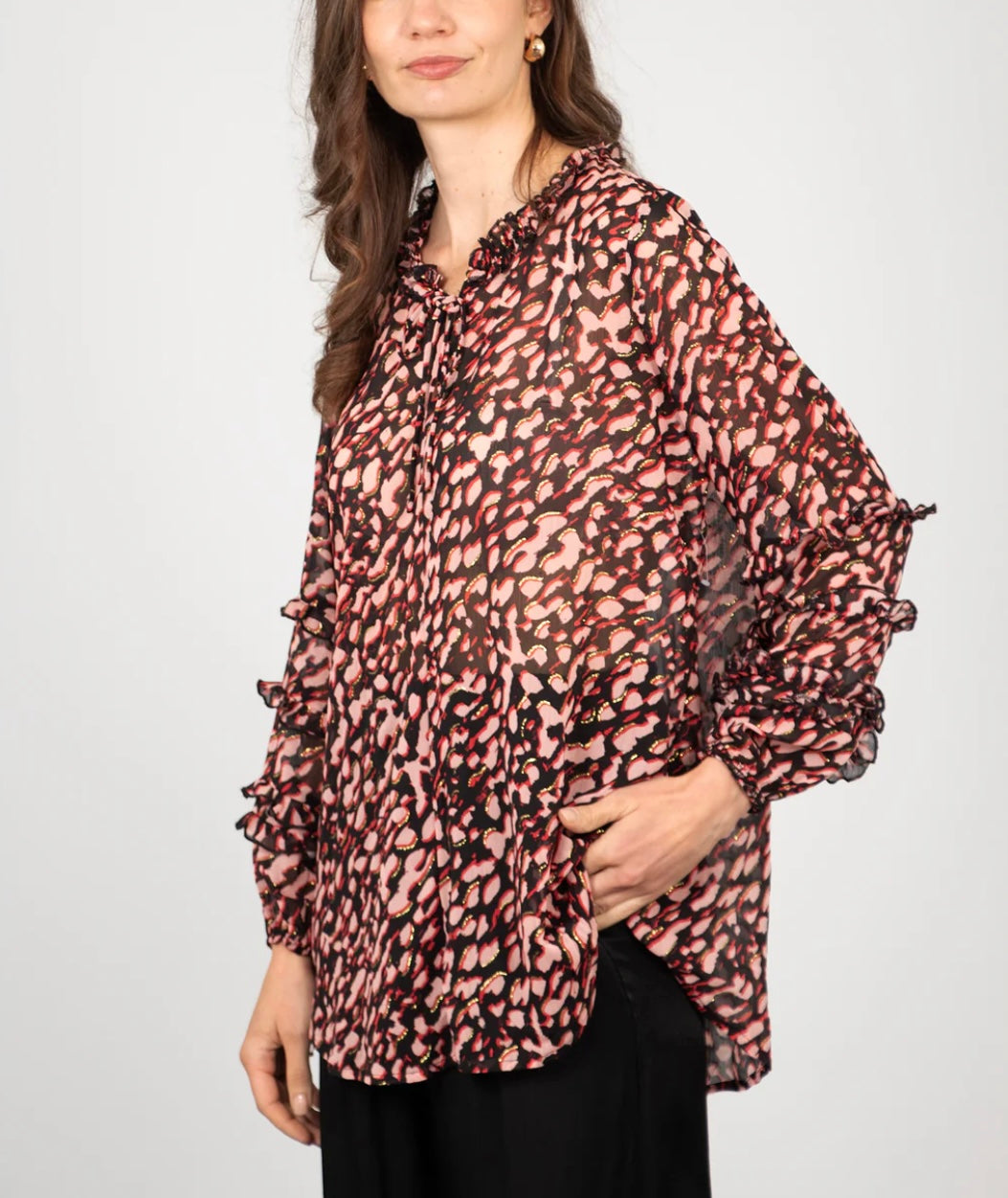 Ava Grandad Collar Blouse - Pink, Metallic Leopard